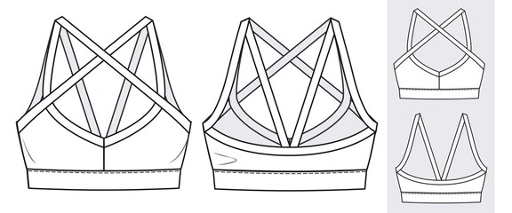 Girl's Sports Bra fashion flat  sketch template. Women's Active wear Crop Top technical fashion  cad illustration,front and back view, white. © Liubov Hladka