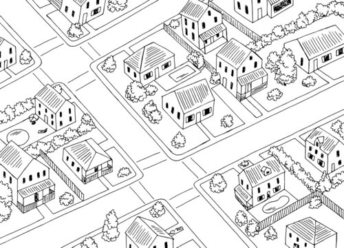 Residential district top view from above aerial crossroad street graphic black white sketch illustration vector