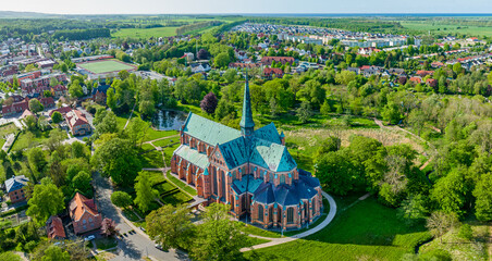 Aerial overview of Minster building and surrounding parc in Bad Doberan (Germany)