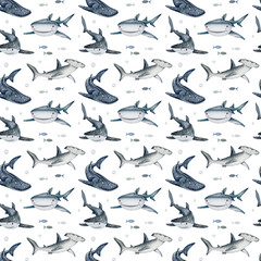 Watercolor cute shark seamless pattern. Nautical ocean print. Baby sharks illustration isolated on white background. For kids designs, postcards, greeting cards, invitations, wrappers, textile