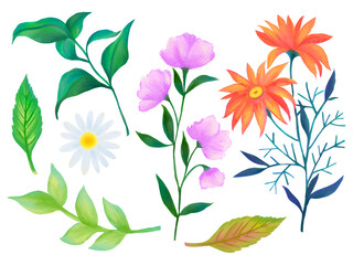 Watercolor gouache bloom botanical flower branches with leaves hand drawn illustration element Design for invitations greeting cards