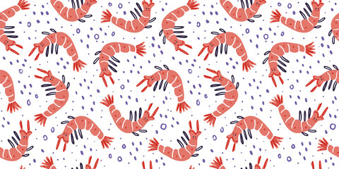 Vector seamless pattern with sea animals crab, shrimp. Creative design with crab, shrimp on the color background. Vector illustration. Textile pattern, print pattern.