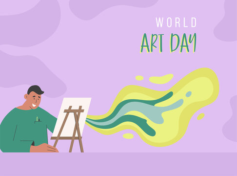 Art day banner with an artist drawing with paint on canvas