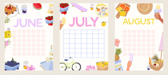 Collection of Summer monthly planner for june, july, august. Summer picnic, season food, leisure activity, summer beach activity. Editable Vector