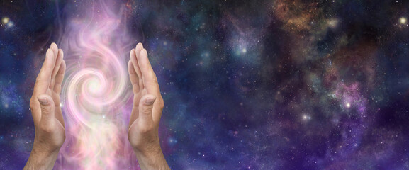 Cosmic Energy Healer channeling Vortex Message Banner - male parallel hands with a double fibonacci...