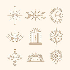 Esoteric symbols, Thin line spiritual illustration. Set of Magic occult emblems