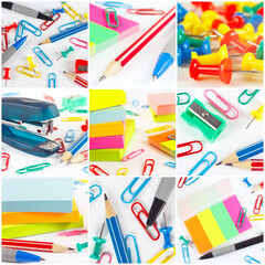 Collage of different office supplies on white background.