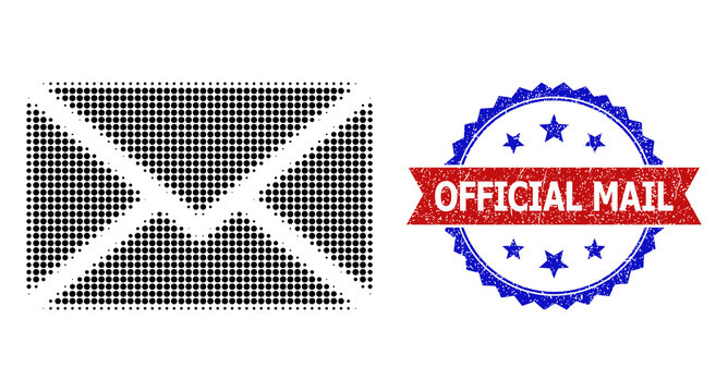 Halftone letter icon, and bicolor grunge Official Mail stamp. Halftone letter icon is constructed with small circle items. Vector watermark with grunge bicolored style,