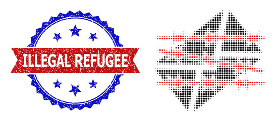 Halftone spam letter jail icon, and bicolor dirty Illegal Refugee seal. Halftone spam letter jail icon is designed with small spheric items. Vector seal with retro bicolored style,