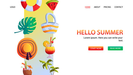 Hello Summer banner. Recreation concept. Bag, Summer hat, Life buoy, Watermelon on a stick, Cocktail with coconut, Monstera leaf, Cocktail with orange.Summer vacation.Vector Cartoon Cute Illustration.