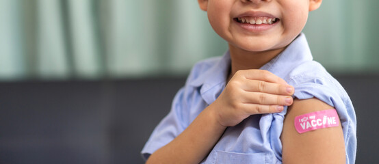Portrait of happy smile vaccinated little asian kid boy children ages 5 to 11 years old posing show...