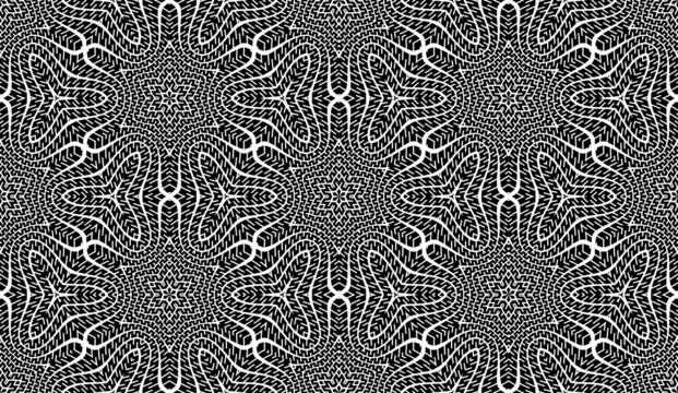 Optical seamless pattern of hexagonal black striped shapes. Psychedelic repeatable texture.