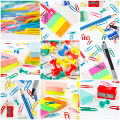 Collage of diverse office supplies on white background.