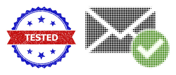 Halftone valid letter icon, and bicolor grunge Tested seal stamp. Halftone valid letter icon is constructed with small round dots. Vector seal with grunge bicolored style, - obrazy, fototapety, plakaty