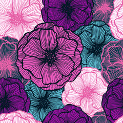 Poppy flower doodle  floral vector seamless pattern summer  fabric print design. Line texture petals