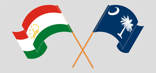 Crossed and waving flags of Tajikistan and The State of South Carolina