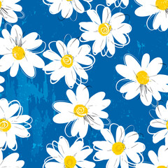 floral seamless background pattern, with abstract flowers, daisies, paint strokes and splashes, on blue