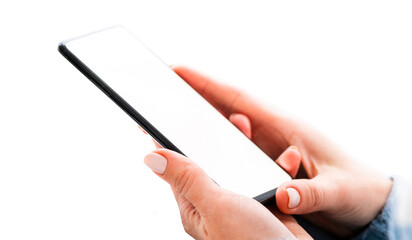 Hand holding mobile phone with white screen isolated on a white background