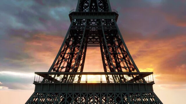 A close view of the Eiffel Tower's detailed wrought-iron structure as the camera moves from the base of the tower to the observation deck at the top.