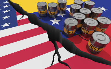 Oil barrels on background of the flags of Venezuela and USA. World financial sanctions on Venezuela oil and gas. Conflict between countries. Oil embargo. 3D render