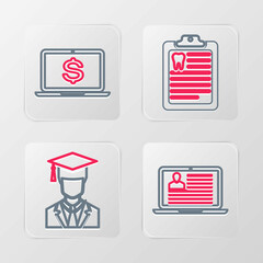 Set line Laptop with resume, Graduate graduation cap, Clipboard dental card and dollar icon. Vector