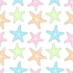 Fototapeta na wymiar Seamless pattern starfish. Children's summer print. Multicolored starfish pattern