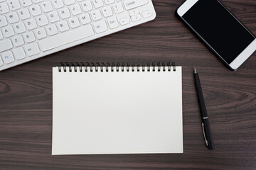 Directly above view of office desk table. Flat lay. Copy space