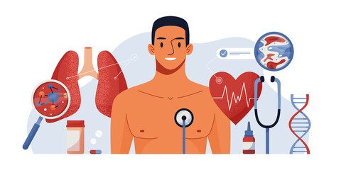 Full Body Health Checkup vector concept digital illustration. Medical diagnosis of human cardiovascular diseases, blood pressure, heart anatomy, lungs. Apps, web services for medical help. Body screen