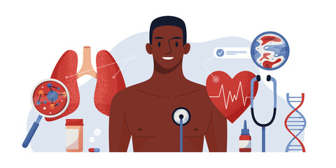 Full Body Health Checkup vector concept digital illustration. Medical diagnosis of human cardiovascular diseases, blood pressure, heart anatomy, lungs. Apps, web services for medical help. Body screen