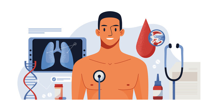 Lung inspection concept. Pulmonology of human illustration for website, app, banner. Fibrosis, tuberculosis, pneumonia, cancer, lung diagnosis doctors treat, scan. Patient health check up.