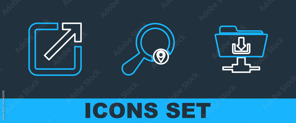 Poster set line ftp folder download, open in new window and search location icon. vector