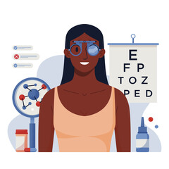 Eye test procedure and prescription glasses concept. Ophthalmology medical concept with glasses, eye examination, eye drop. Ophthalmologist doctor eyesight check up. For banner, landing, flyer