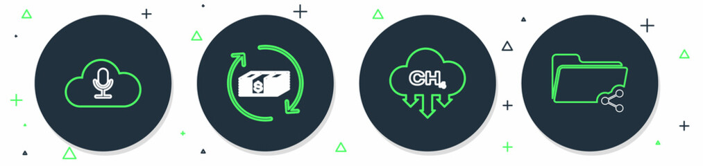 Set line Refund money, Methane emissions reduction, Music streaming service and Share folder icon. Vector