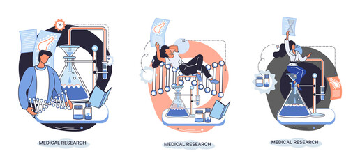 Fototapeta premium Medical research. Laboratory diagnostic services, medical device design development scenes metaphor. Scientists in hemistry clinic laboratories, microbiology pharmaceutical research. Vaccine discovery