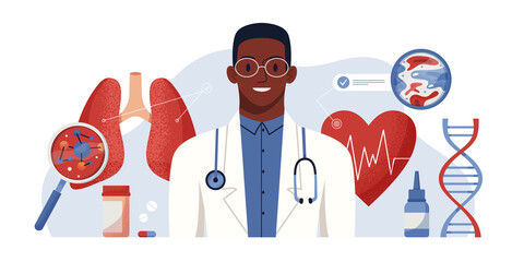 Consultation with a doctor. Full body health check up vector concept digital illustration. Medical diagnosis of human cardiovascular diseases, blood pressure, heart anatomy, lungs. Banner, poster