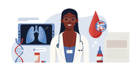 Consultation with a doctor. Full body health check up. Lung inspection concept. Pulmonology of human, illustration for website, app, banner. Fibrosis, tuberculosis, pneumonia, cancer, diagnosis, scan