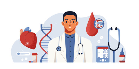Consultation with a doctor. Full body health appointment vector concept digital illustration. Health check up. Medical diagnosis of human cardiovascular diseases, blood pressure, heart anatomy.