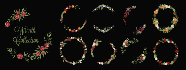 Set of vector floral wreaths isolated, different wild and garden flowers collected in wreaths for further design, cards, wedding designs or invitations
