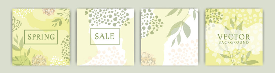 vector abstract square set templates with floral elements and plants. Suitable for publications in social networks and mobile applications.  floral backgrounds spring and summer, discounts and sales
