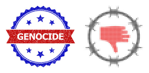 Halftone genocide camp icon, and bicolor unclean Genocide seal stamp. Halftone genocide camp icon is designed with small circle items. Vector seal with grunge bicolored style,
