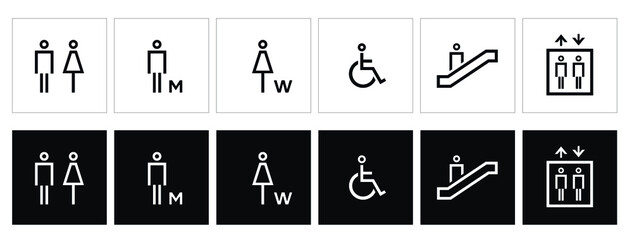 male and female toilet symbols. disabled icon. gender icon. restroom pictogram. Elevator and Escalator public signage. WC signage symbol. - obrazy, fototapety, plakaty