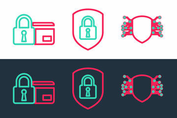 Set line Cyber security, Credit card with lock and Shield icon. Vector