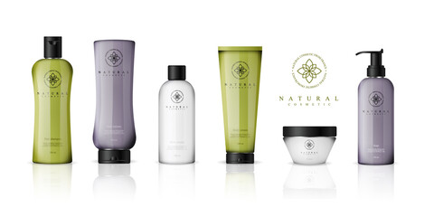 Realistic cosmetic bottles with gradient design on white background. Cosmetic cream containers and tubes for cream, lotion, shampoo, gel, balsam, conditioner, and spray. 3d Vector Illustration