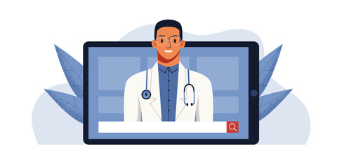 Browser window, computer screen with therapist, hospital staff team. Video call meeting in messenger, online consultation. Banner template. Ask doctor. Medical advise, chat service, telemedicine