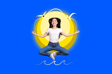 Creative artwork poster of lady have yoga mental healing practice above water with flying sun gull...