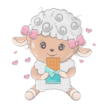 Cute cartoon sheep vector illumination. Sheep sits with a bar of chocolate. Cute little illustration of lamb for kids, baby book, fairy tales, baby shower invitation, textile t-shirt, sticker.
