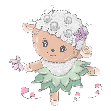 Cute sheep clipart vector illumination. The sheep is dancing in a beautiful dress. Cute little illustration of lamb for kids, baby book, fairy tales, baby shower invitation, textile t-shirt, sticker.