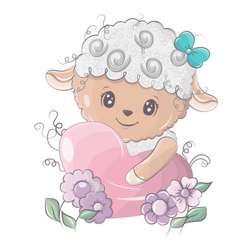 Sheep cartoon picture illumination. Sheep hugs a cute heart. Cute little illustration of lamb for kids, baby book, fairy tales, baby shower invitation, textile t-shirt, sticker.