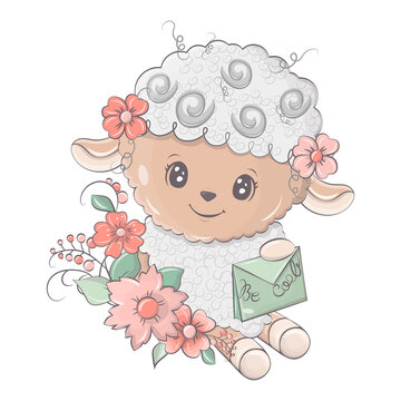 Illumination of cute lamb. Sheep surrounded by flowers. Cute little illustration of lamb for kids, baby book, fairy tales, baby shower invitation, textile t-shirt, sticker.