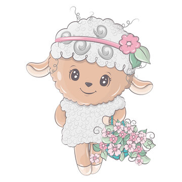 Funny sheep clip art. Sheep with a basket of flowers. Cute little illustration of lamb for kids, baby book, fairy tales, baby shower invitation, textile t-shirt, sticker.